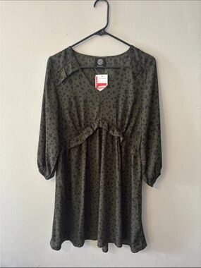 bobeau Olive Green Long Sleeve Ruffle Babydoll Dress with Black Spot Print